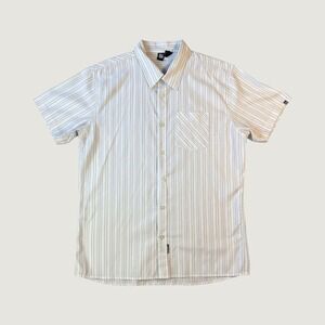 Rusty Mens Short Sleeve Button Down Shirt White Grey Striped Surf Casual Large